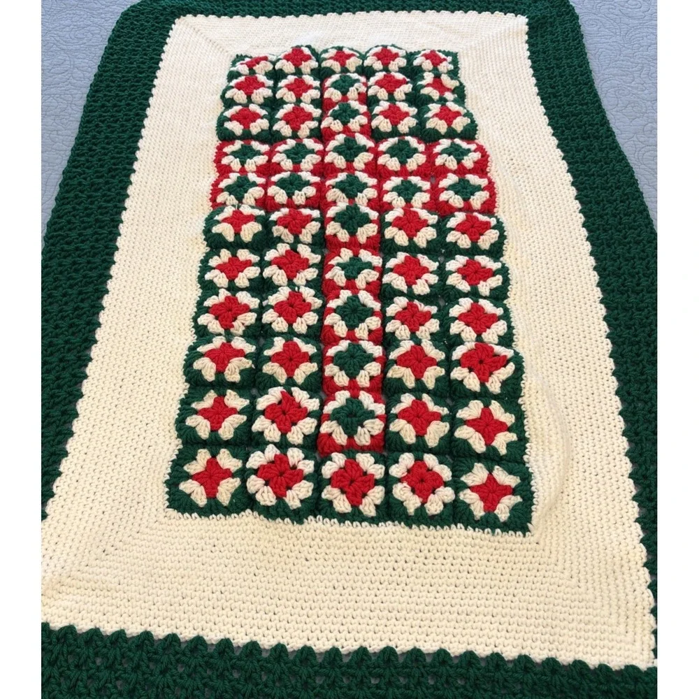 Granny Square Afghan Crochet Throw Christmas Red Green Handmade 28.5